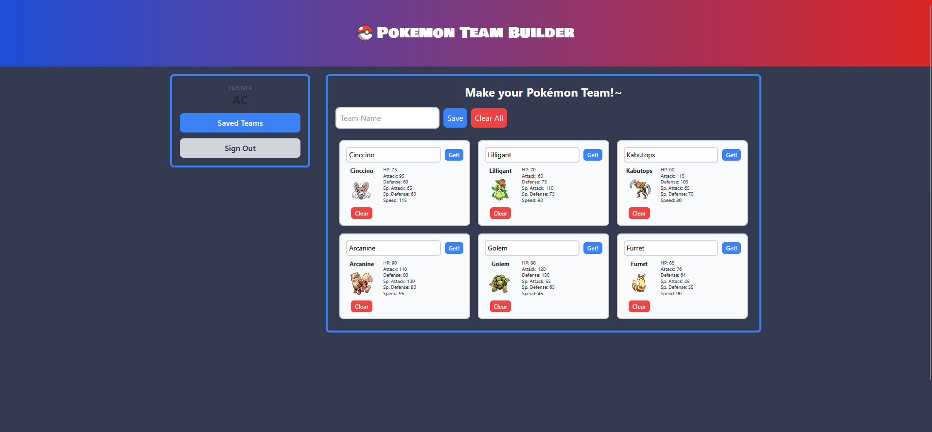 Pokémon Team Builder — building a team with live PokéAPI data