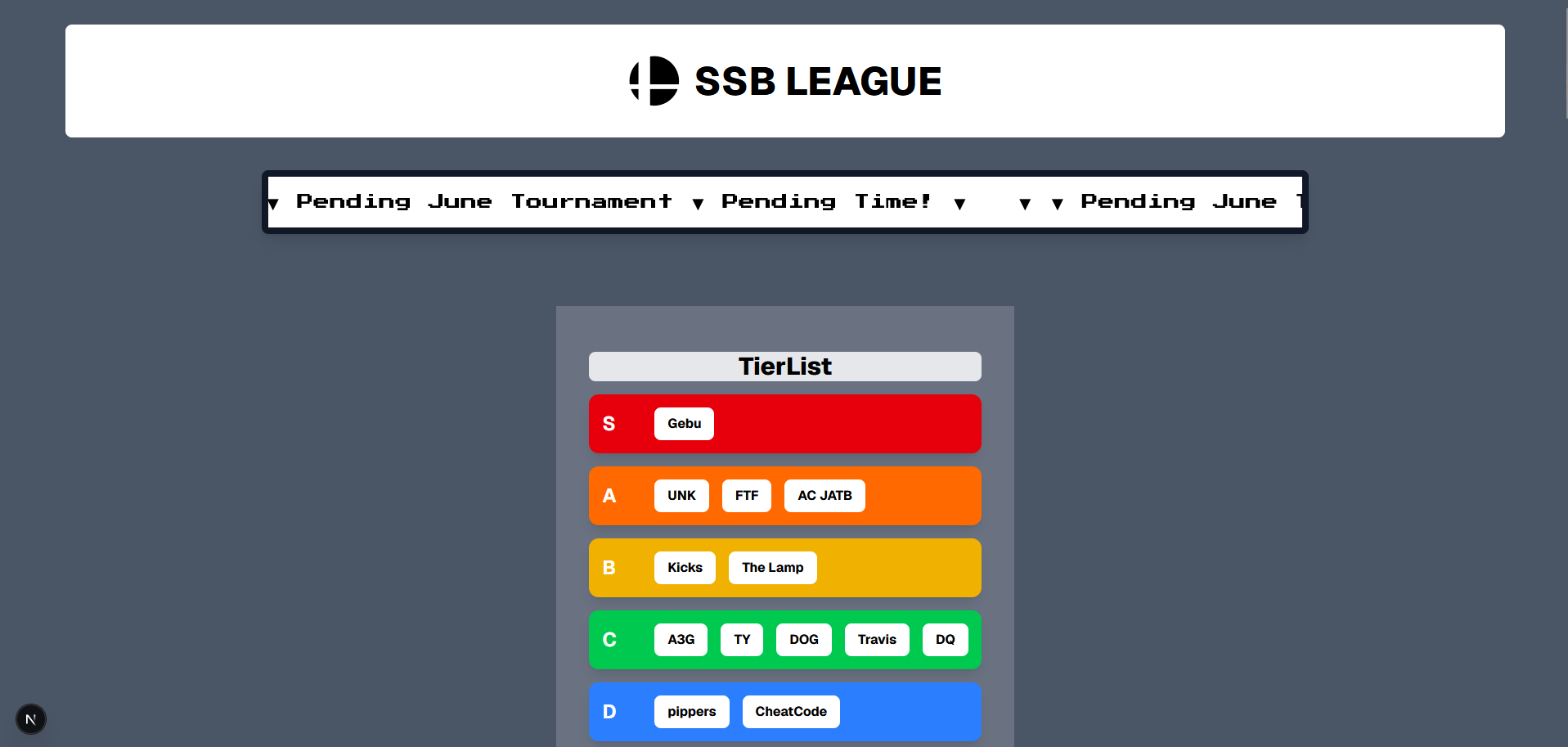 SSB League — home page with tournaments